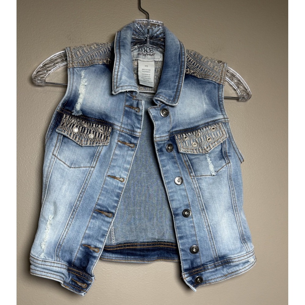 BKE Denim Jean Vest Womens XS Blue Distressed Embroidered Buckle